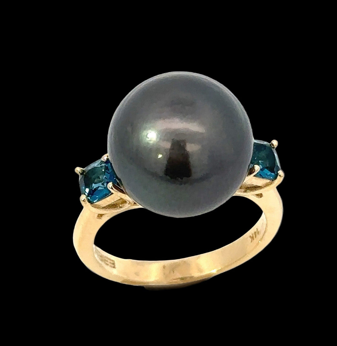 Effy London Blue Topaz & Black Tahitian Pearl Ring