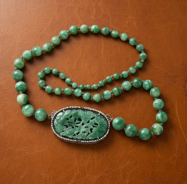 Estate Jadeite & Natural Pearl 14K White Gold Necklace 15667