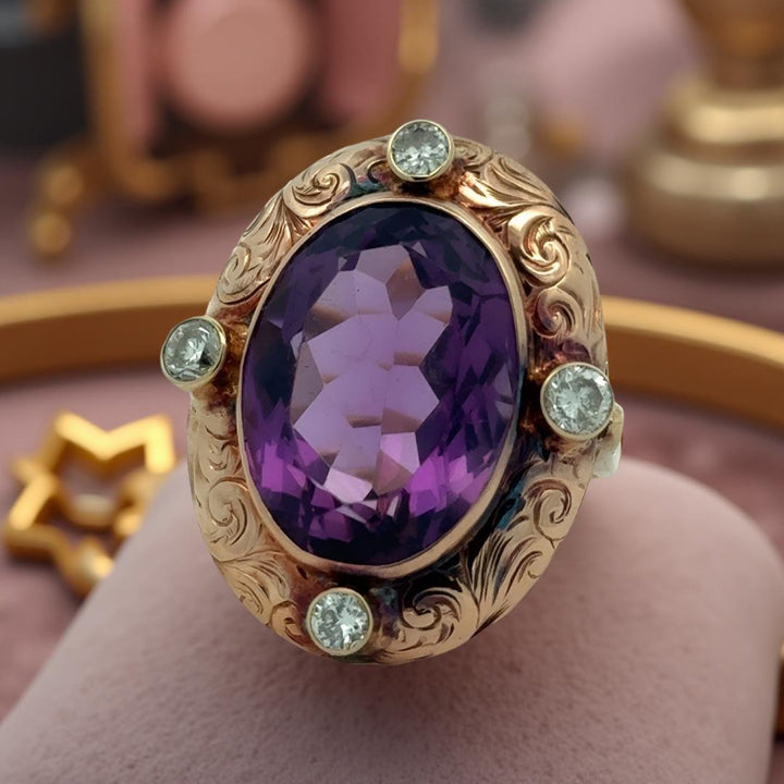 Estate 11.96 ct Oval Amethyst and Diamond 14K Yellow Gold Ring 15661