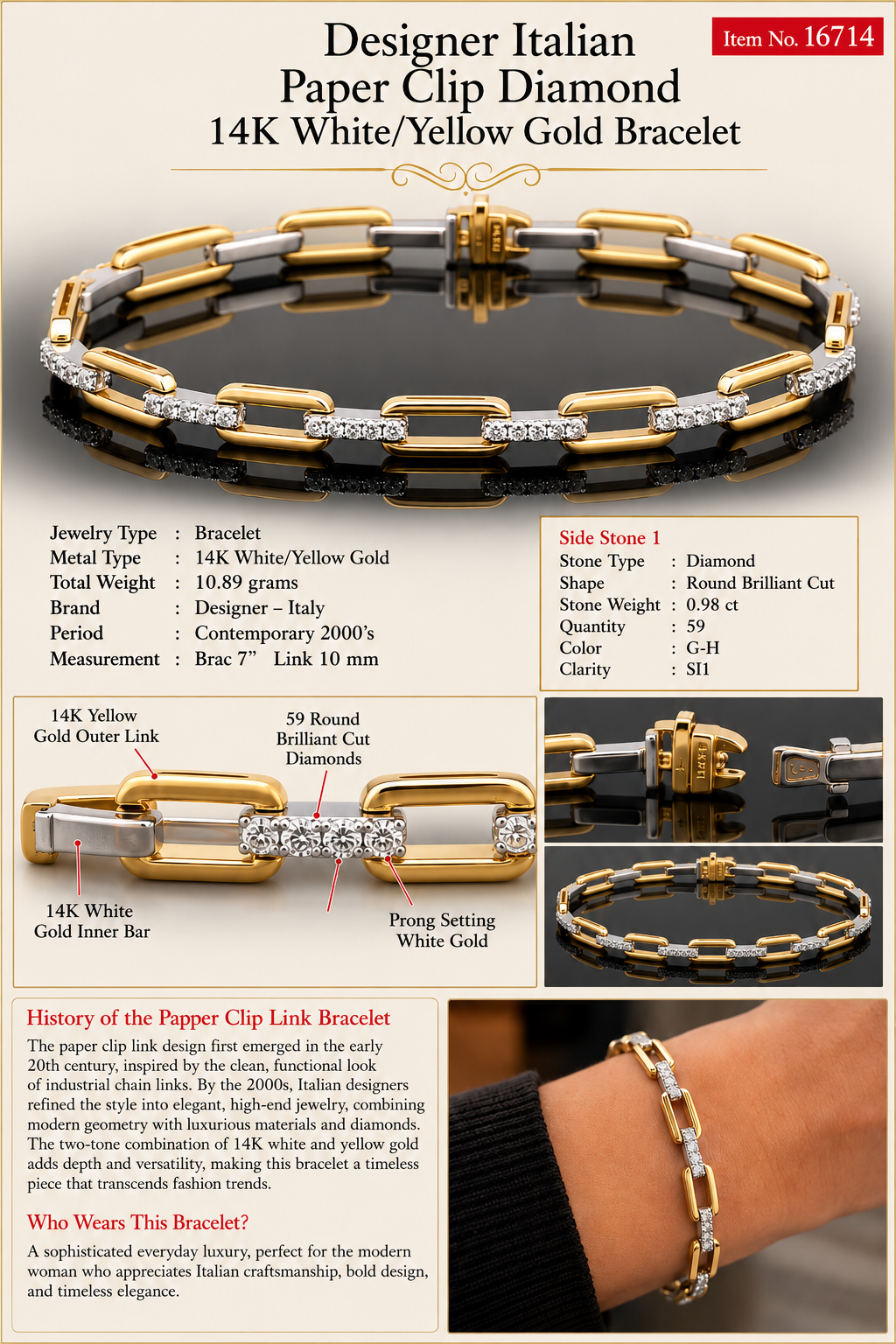 Designer Italian Paper Clip Diamond 14K White/Yellow Gold Bracelet