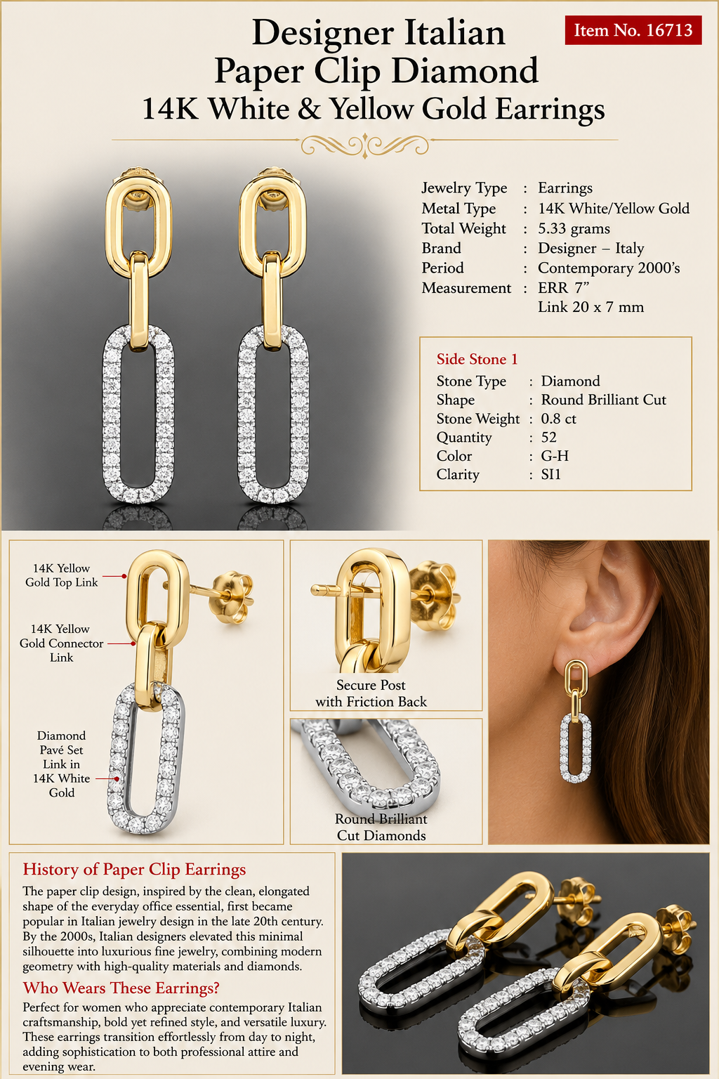 Designer Italian Paper Clip Diamond 14K White & Yellow Gold Earring