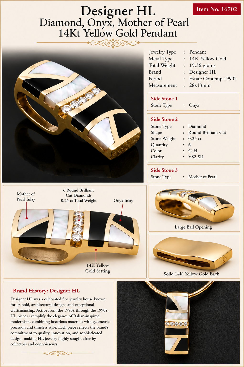 Designer HL Diamond, Onyx, Mother of Pearl 14Kt Yellow Gold Pendant