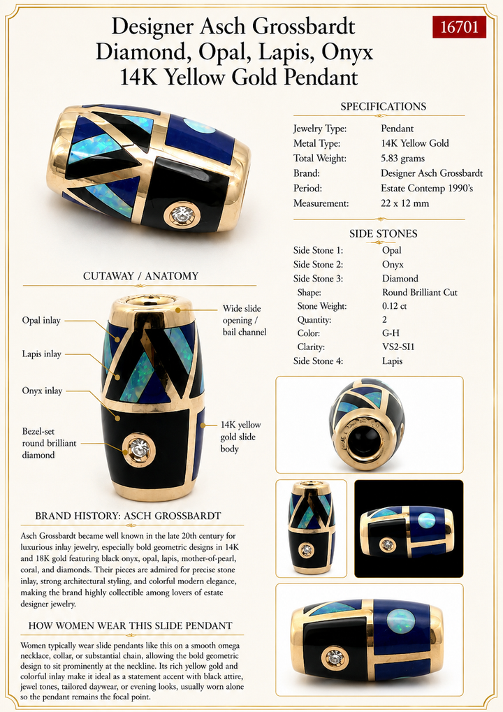 Designer Asch Grossbardt Diamond, Opal, Lapis, Onyx 14K Yellow Gold Pendant
