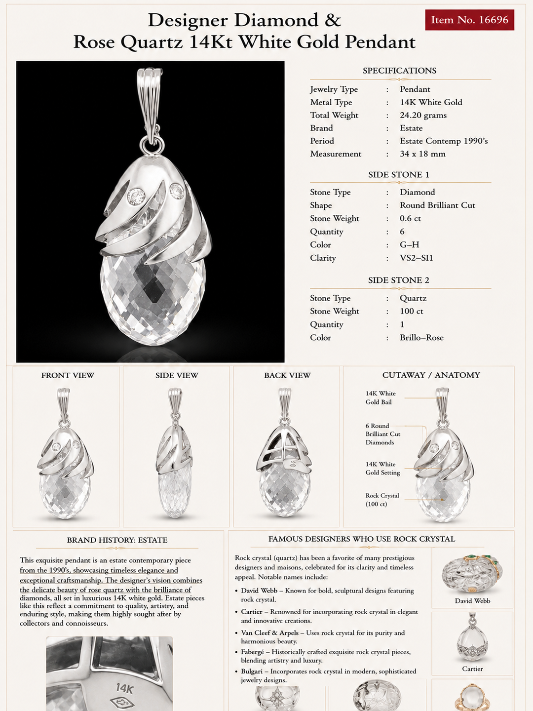 Designer Diamond & Rose Quartz 14Kt White Gold Pendant