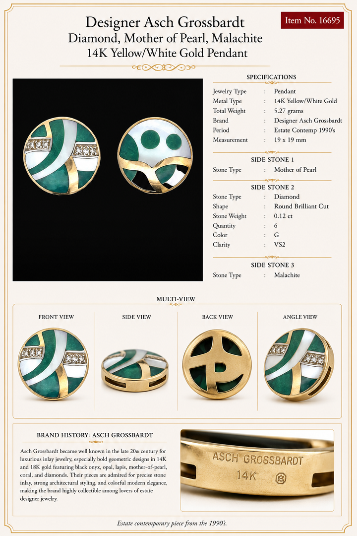 Designer Asch Grossbardt Diamond, Mother of Pearl, Malachite 14K Yellow/White Gold Pendant