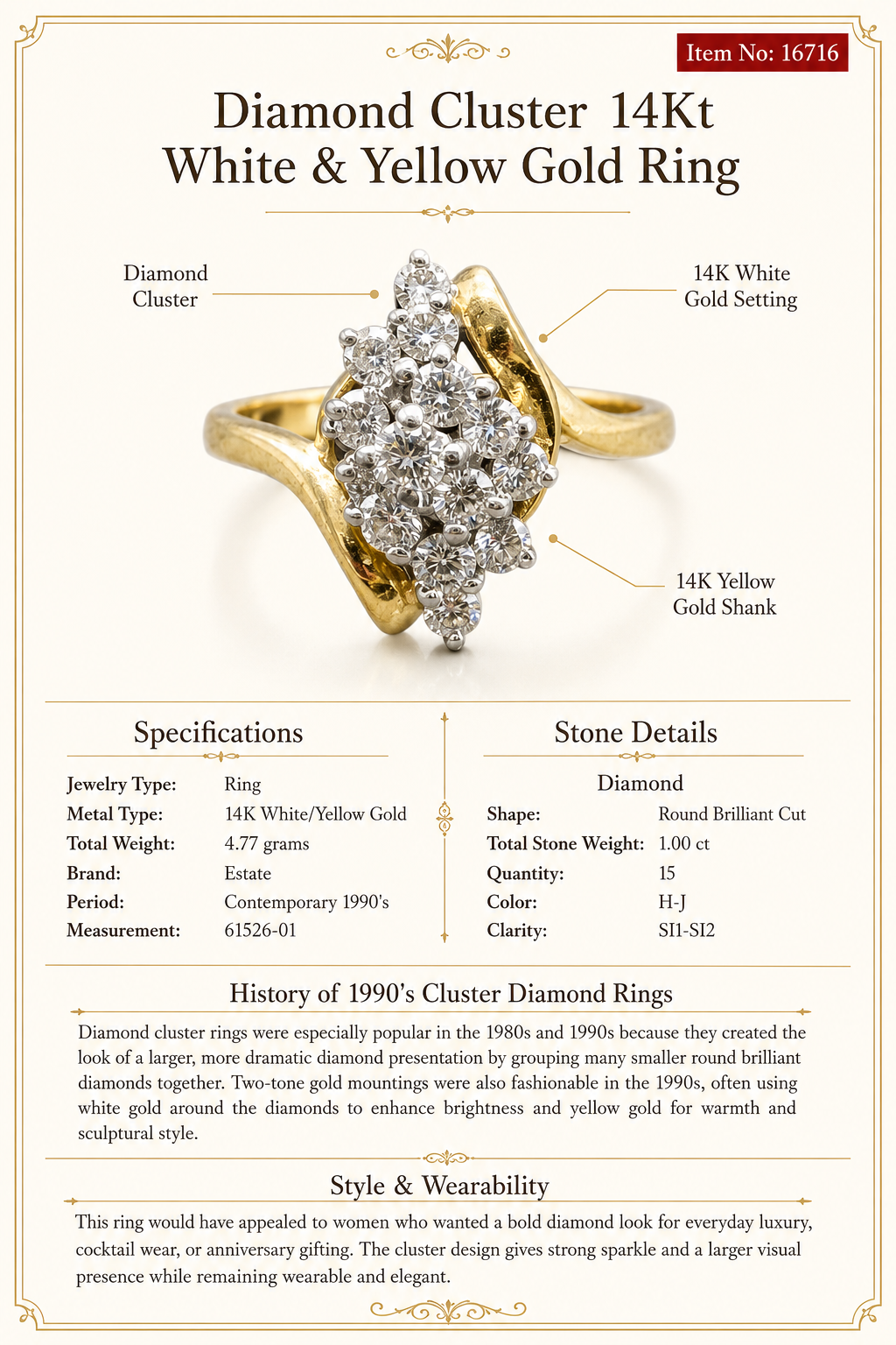 Estate Contemporary Diamond Cluster 14Kt White & Yellow Gold Ring