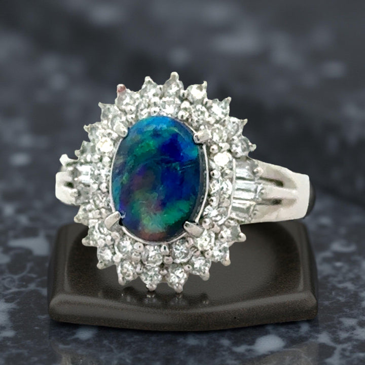 Estate Black Opal & Diamond Platinum Ring 15676