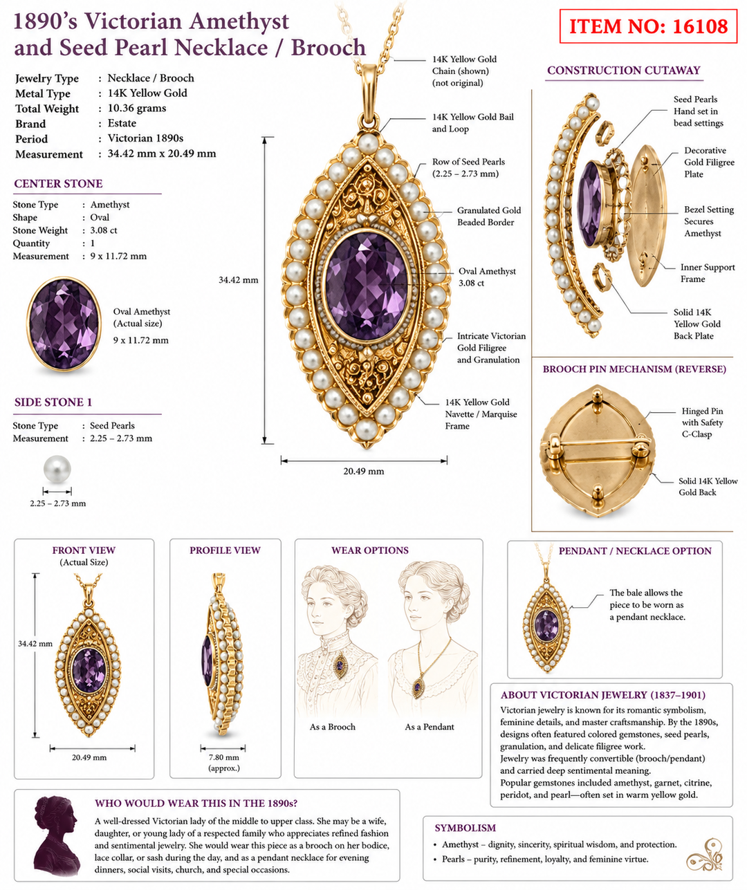 1890's Victorian Amethyst and Seed Pearl Necklace and Brooch