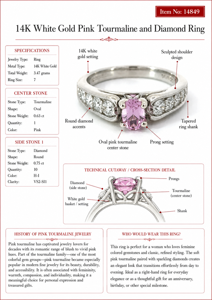 14K White Gold Pink Tourmaline and Diamond Ring 14849