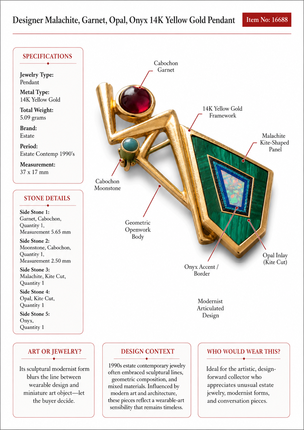 Estate Designer Malachite, Garnet, Opal, Onyx 14K Yellow Gold Pendant.