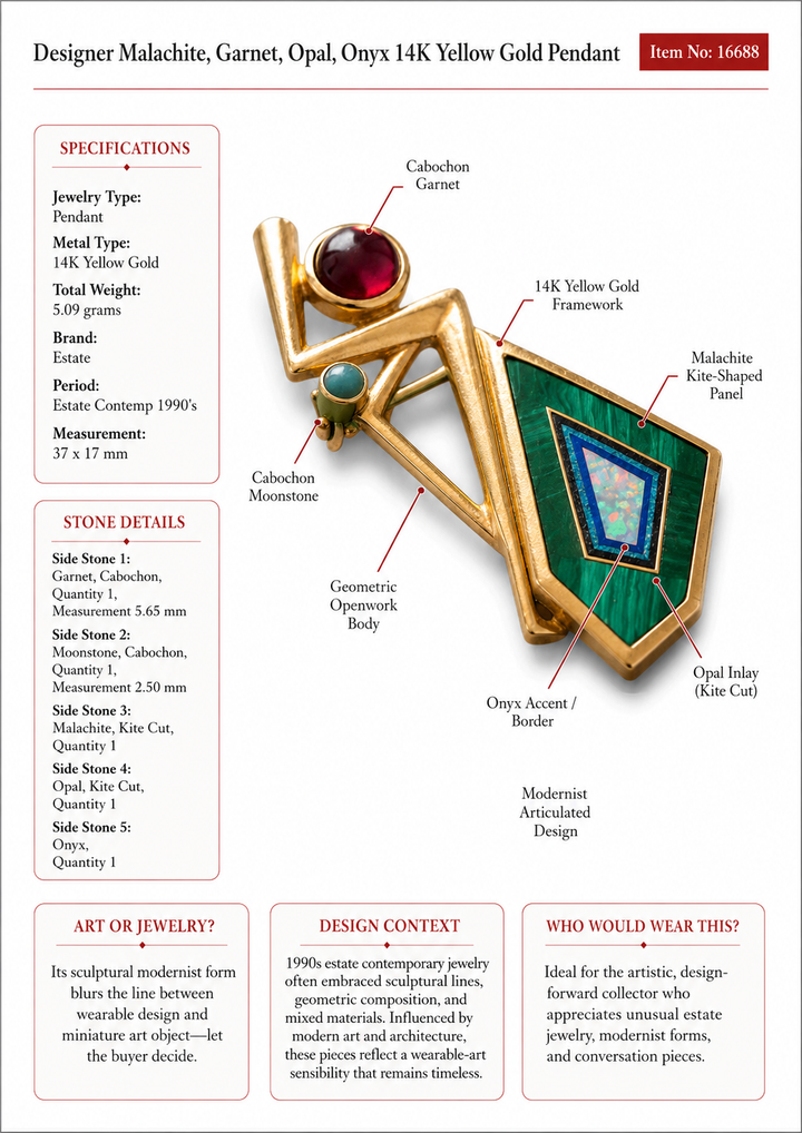 Estate Designer Malachite, Garnet, Opal, Onyx 14K Yellow Gold Pendant.