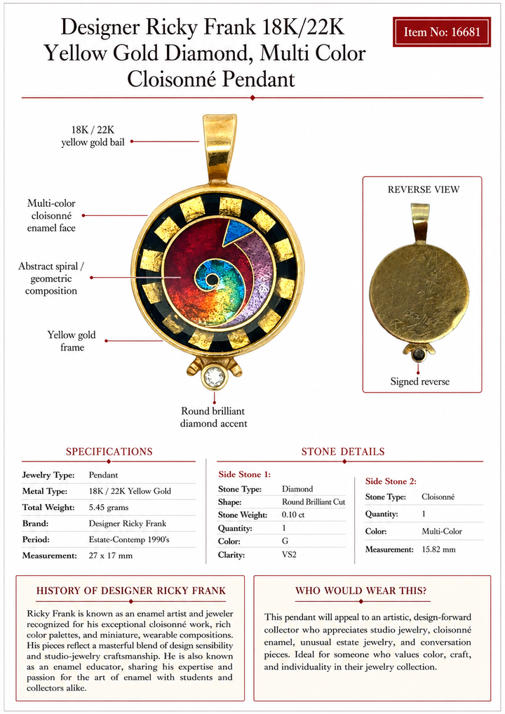 Estate Designer Ricky Frank 18K/22K Yellow Gold Diamond, Multi Color Cloisonne Pendant