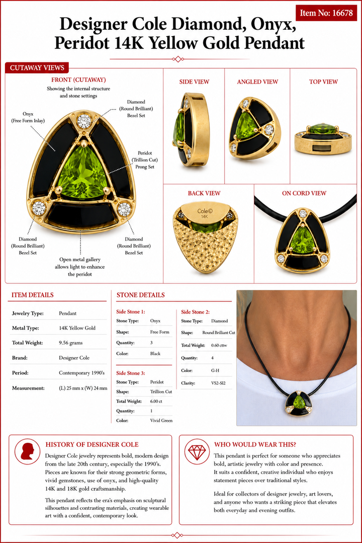 Estate Designer Cole Diamond, Onyx, Peridot 14K Yellow Gold Pendant.