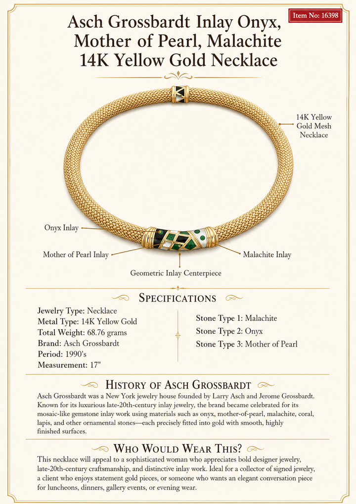 Asch Grossbardt Inlay Onyx, Mother of Pearl, Malachite 14k Yellow Gold Necklace