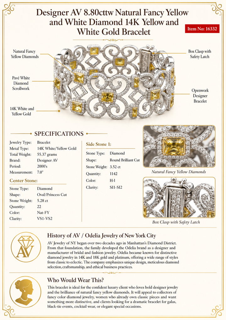 Designer AV 8.80cttw Natural Fancy Yellow and White Diamond 14K Yellow and White Gold Bracelet