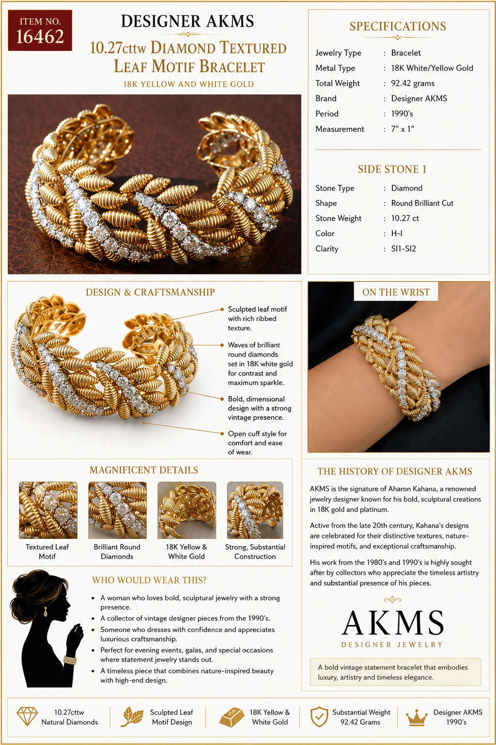 Estate 10.27cttw Diamond Textured Leaf Motif 18K Yellow and White Gold Bracelet