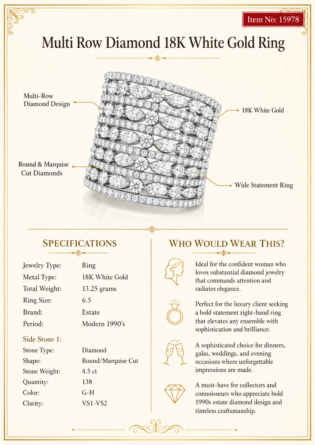 Multi Row Diamond 18K White Gold Ring