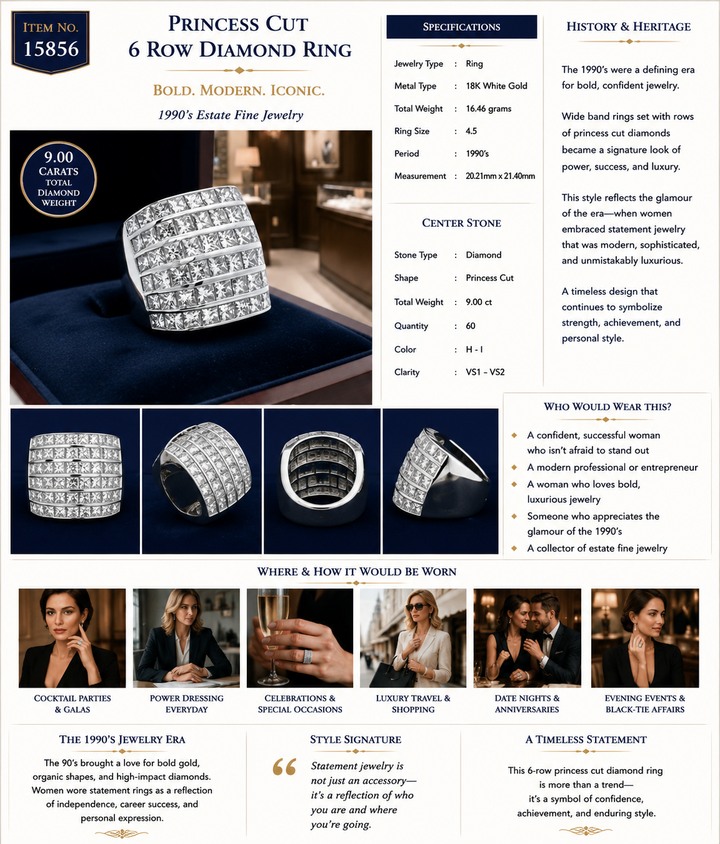 Princess Cut 6 Row Diamond and 18K White Gold Ring
