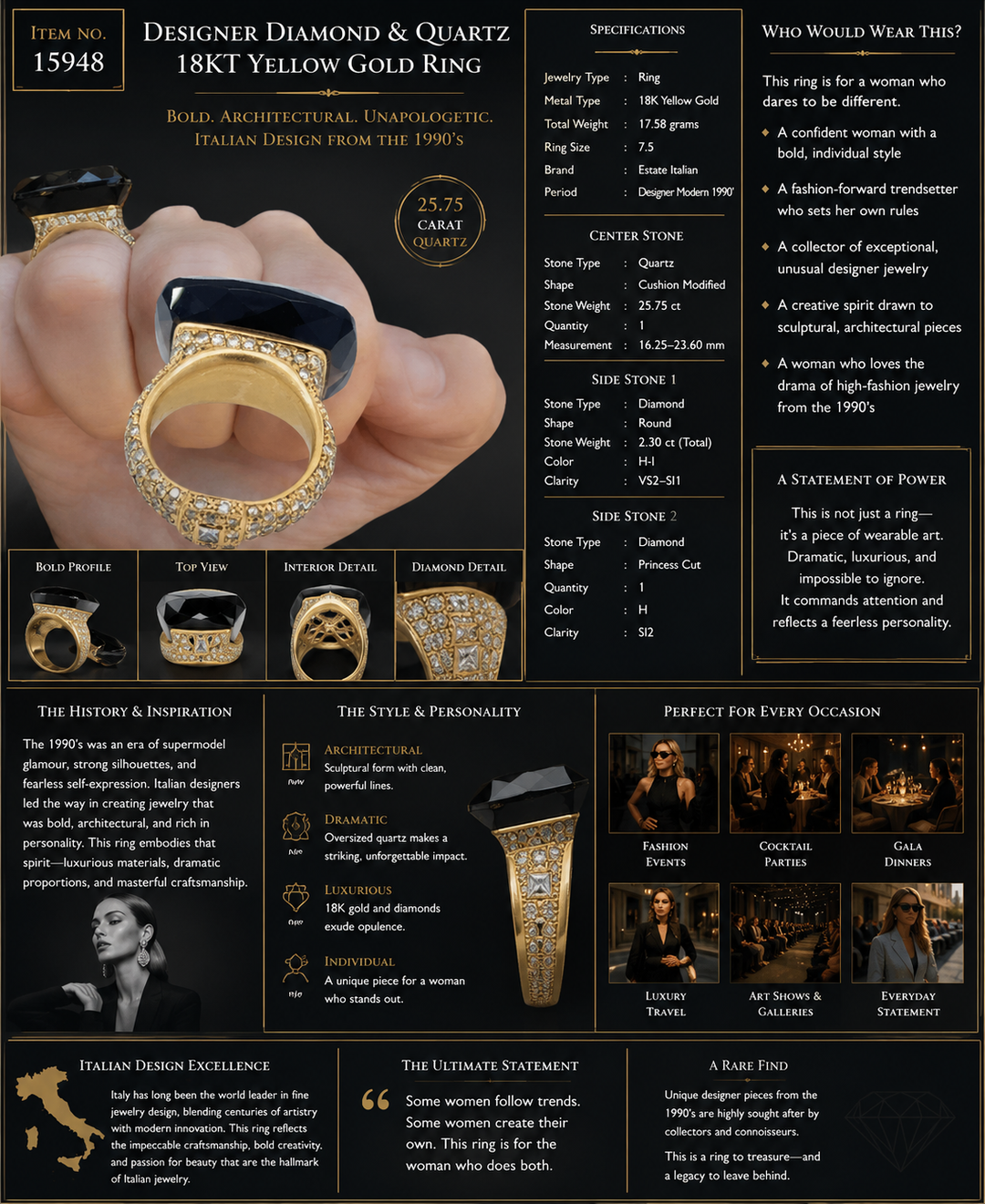 Designer Diamond and Quartz 18 Kt Yellow Gold Ring