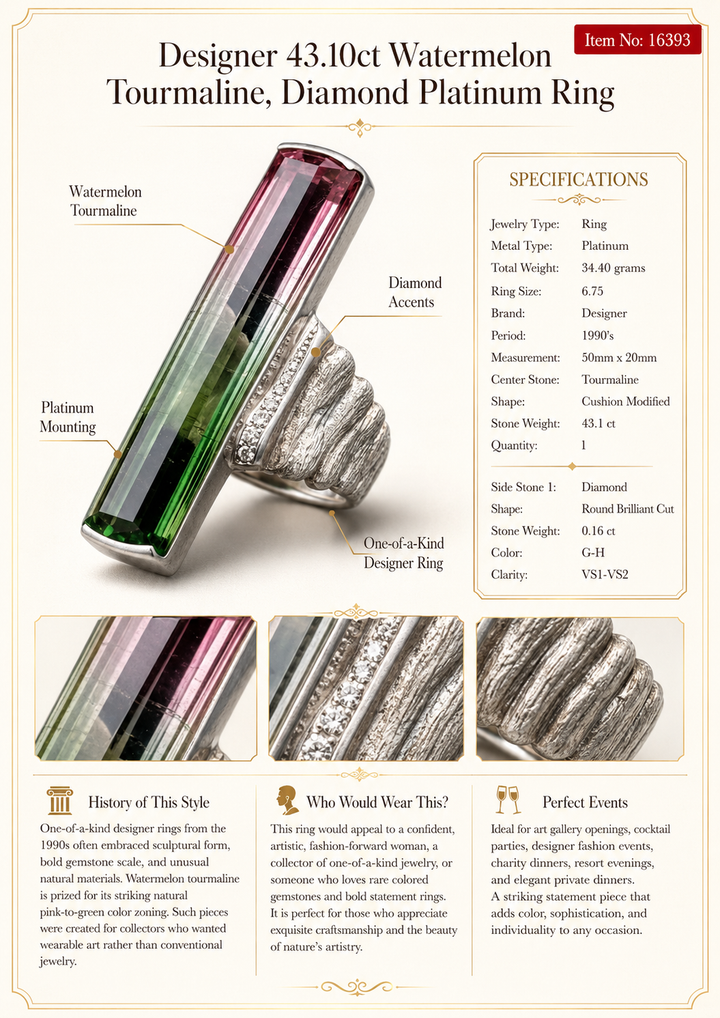 Designer 43.10ct Watermelon Tourmaline, Diamond Platinum Ring