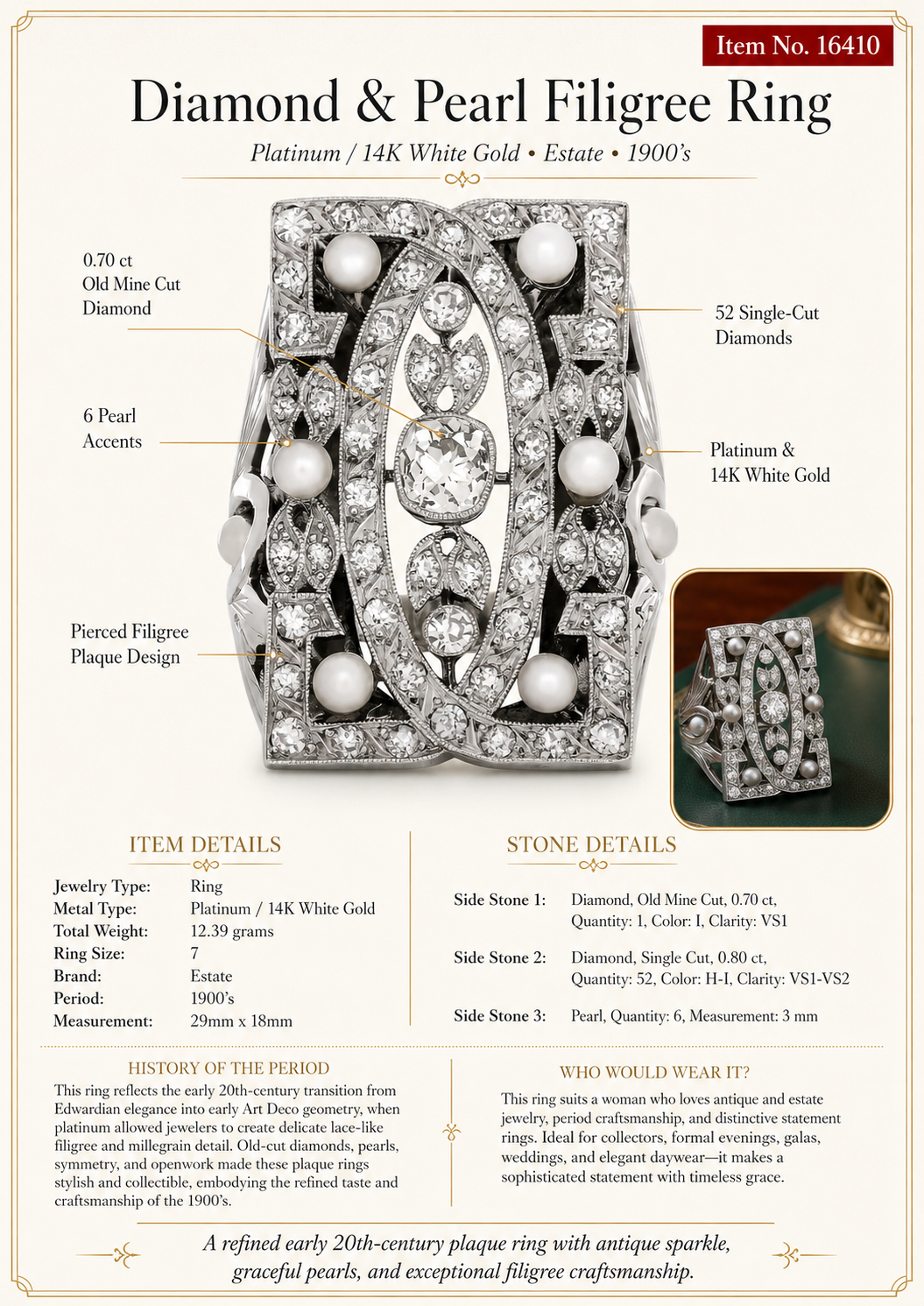 Vintage Diamond and Pearl Platinum and 14Kt White Gold Filigree Ring