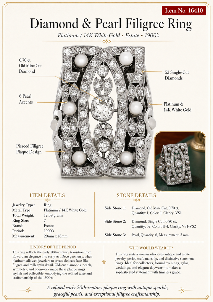 Vintage Diamond and Pearl Platinum and 14Kt White Gold Filigree Ring