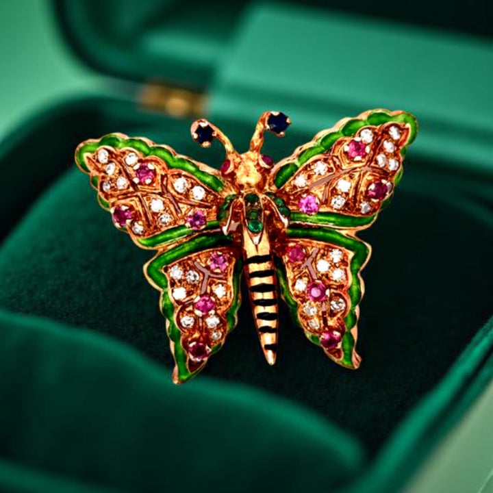 Ruby, Diamond, Sapphire, Enamel and 18K Yellow Gold Butterfly Brooch/Pendant