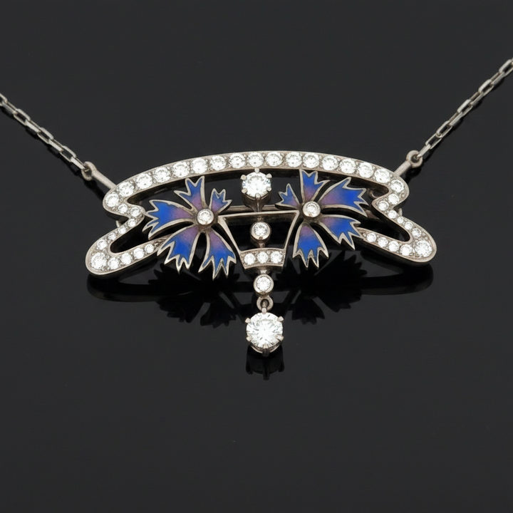 Estate Nouveau 1910 Company Diamond Purple & Blue Enamel (Plique-A-Jour) Limited Edition #5 of 101 Brooch/Necklace