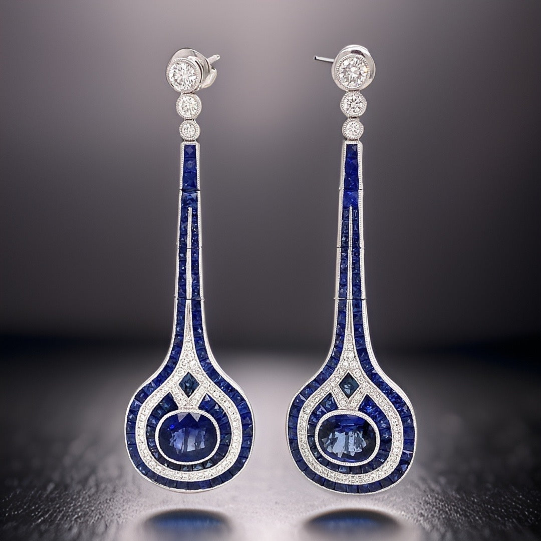 Aristocrat Art Deco Style 11.30 cttw Ceylon Sapphire Diamond Drop Earrings