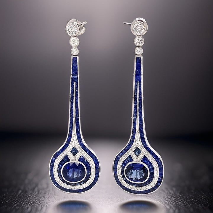 Aristocrat Art Deco Style 11.30 cttw Ceylon Sapphire Diamond Drop Earrings