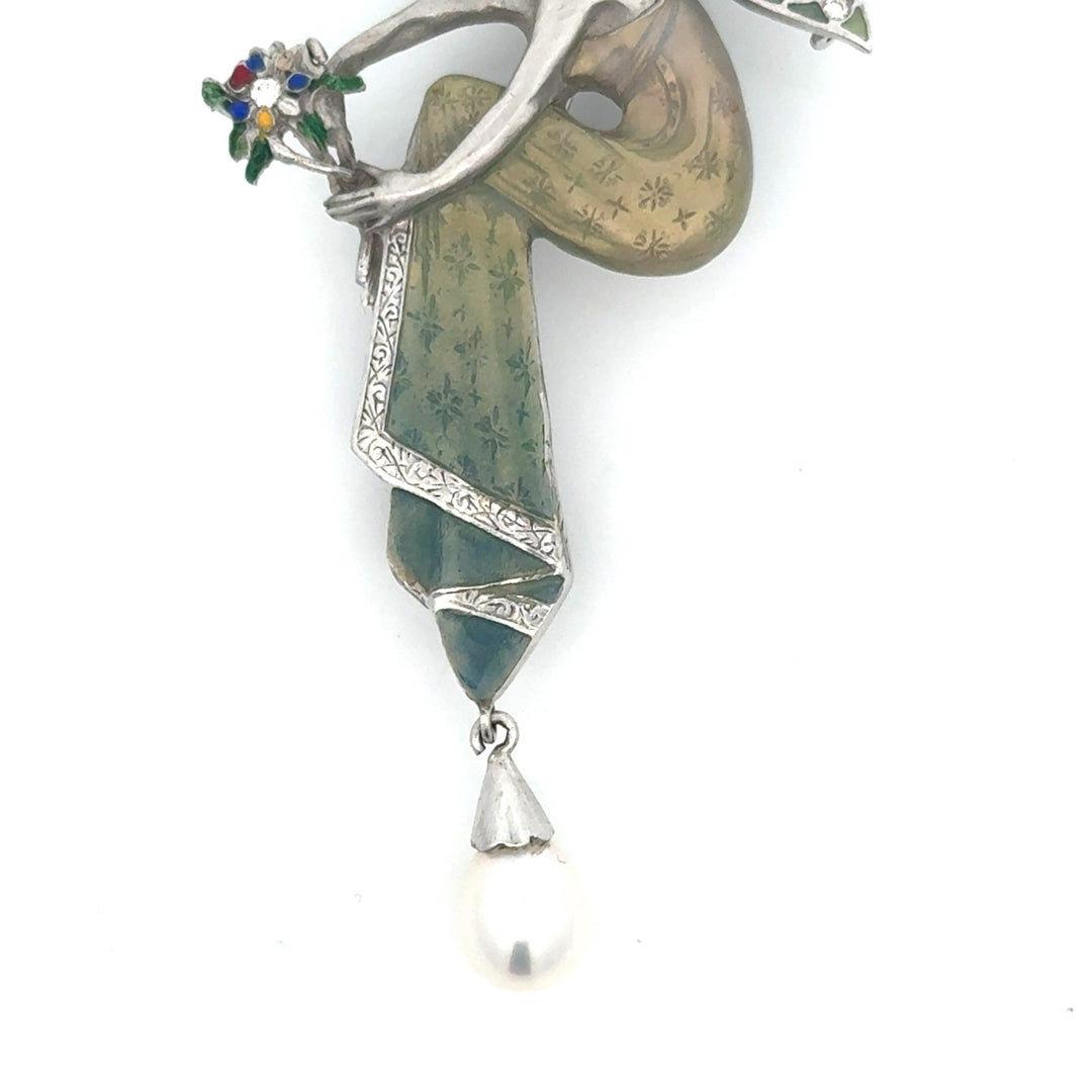 Estate Nouveau 1910 Company Diamond & Enamel 18K White Gold Pendant/Brooch Limited Edition #8 of 90