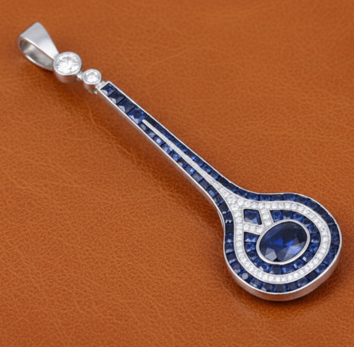French Cut Sapphire and Diamond 18K White Gold Pendant