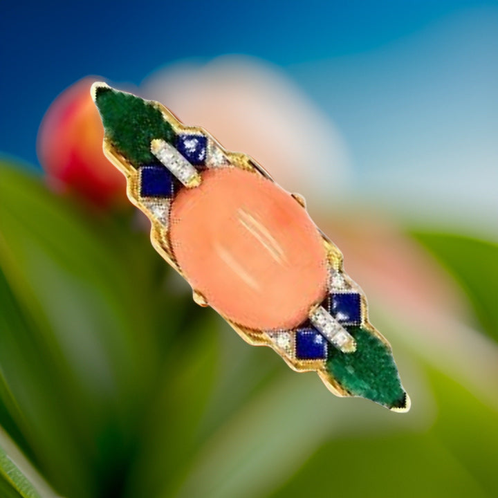 David Webb Coral, Emerald, Diamond and Lapis Lazuli Brooch