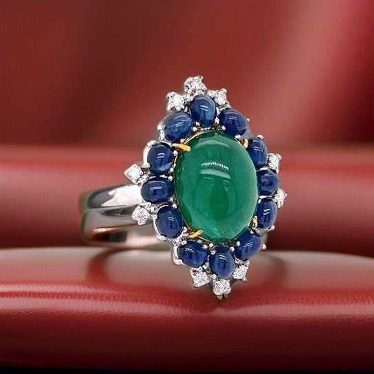Parisian Inspired Emerald, Sapphire and Diamond 18K White Gold Ring