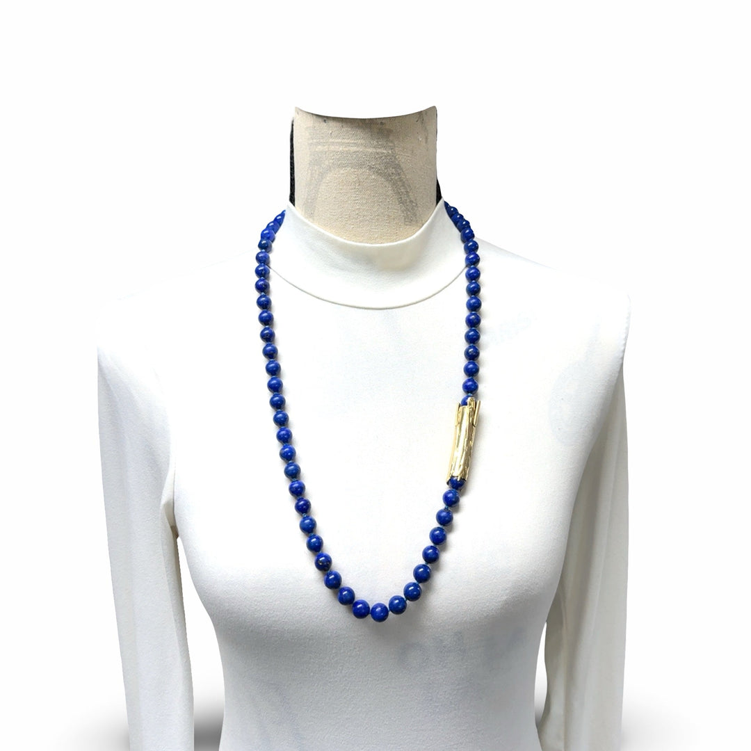 Estate Bamboo Lapis Lazuli 14K Yellow Gold Necklace