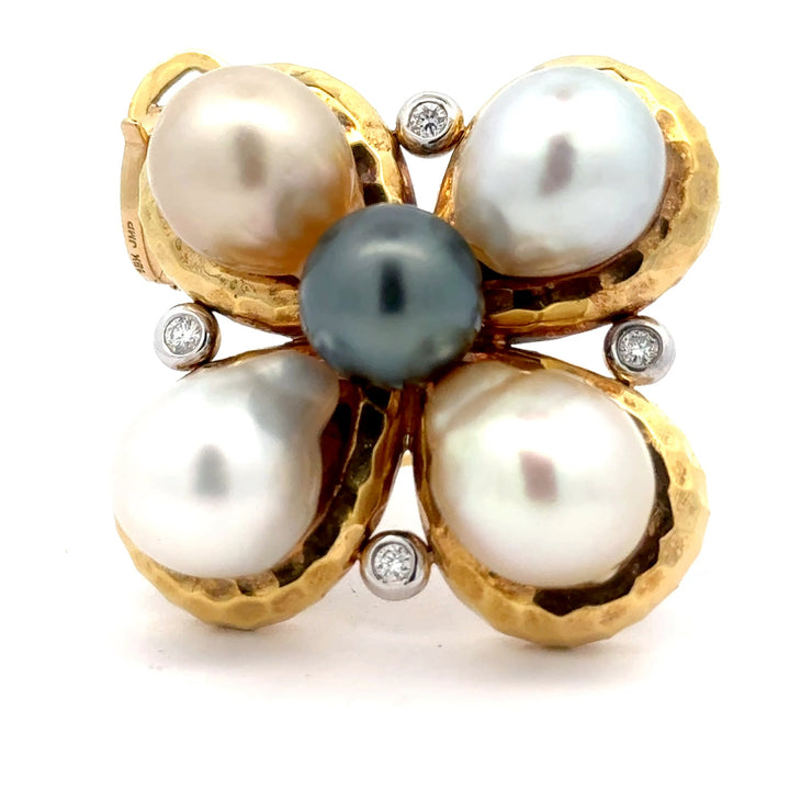 Estate NYC Designer Mazza South Sea & Tahitian Pearl Diamond Pendant/Brooch 15690