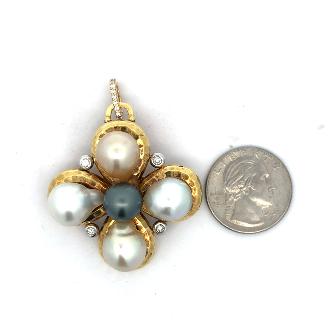 Estate NYC Designer Mazza South Sea & Tahitian Pearl Diamond Pendant/Brooch 15690