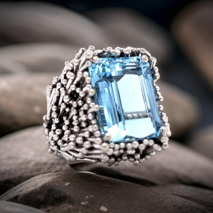 Custom Made Aquamarine and 18k White Gold Thistle Ring