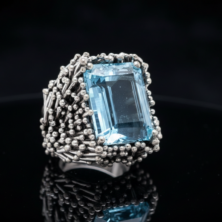 Custom Made Aquamarine and 18k White Gold Thistle Ring