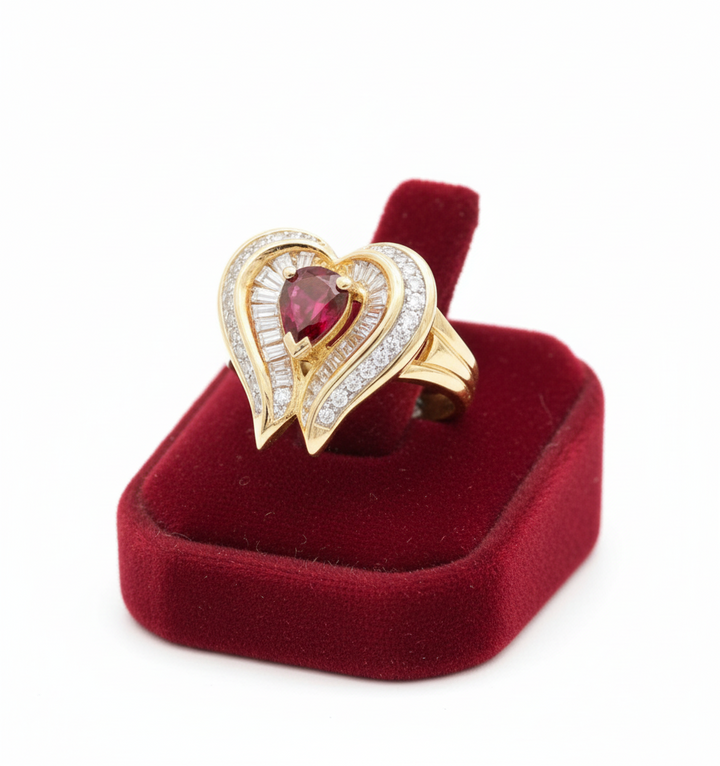 Estate Fine .80 ct Pear Shape Ruby & 1.37 cttw Diamond Yellow Gold Ring 15062