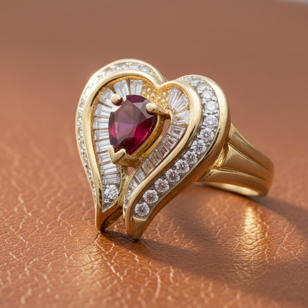 Estate Fine .80 ct Pear Shape Ruby & 1.37 cttw Diamond Yellow Gold Ring 15062