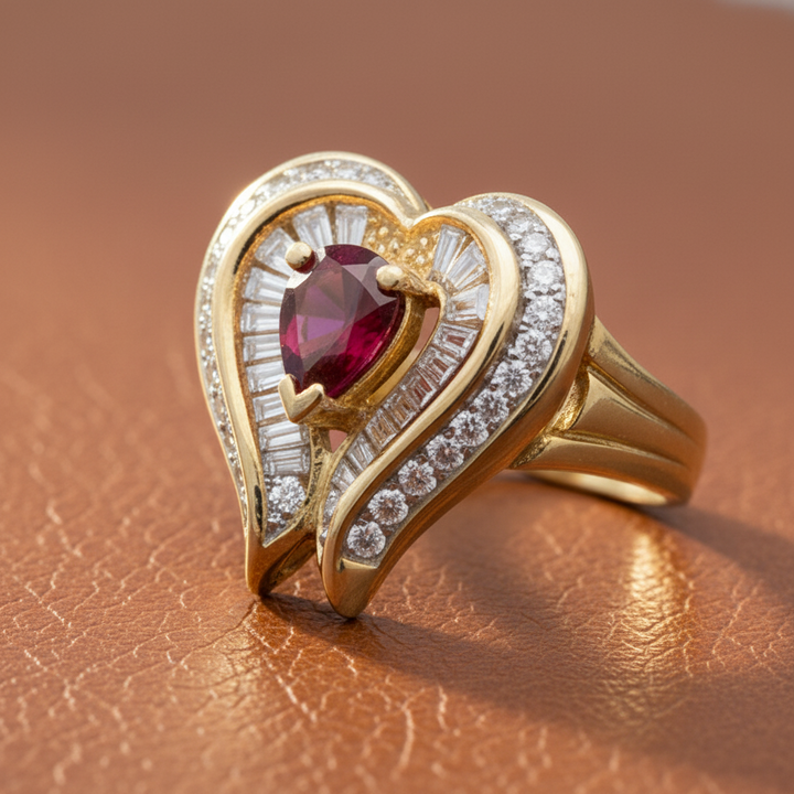 Estate Fine .80 ct Pear Shape Ruby & 1.37 cttw Diamond Yellow Gold Ring 15062