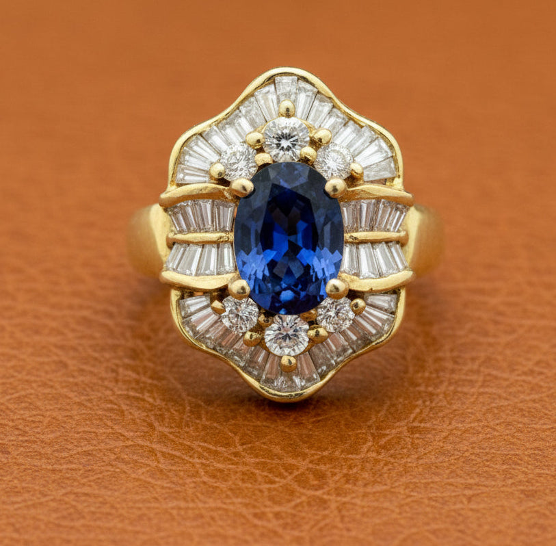 Estate Fine 2.27 ct Sapphire & 1.38 cttw Diamond 18K Yellow Gold Ring 15064