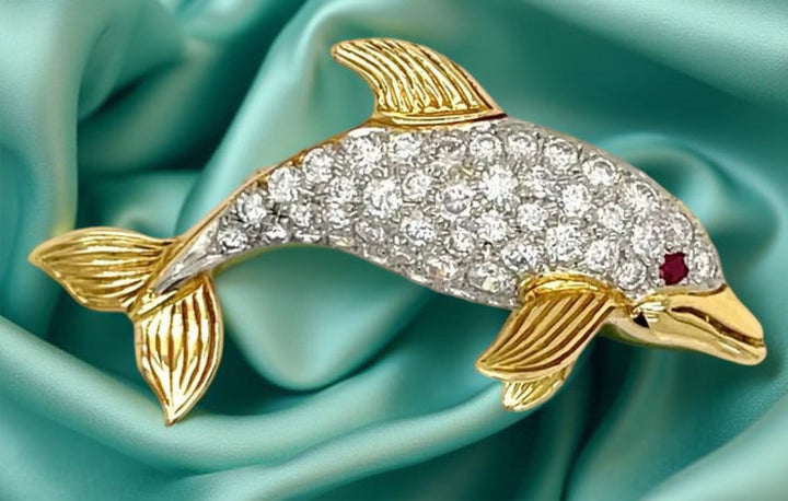 Diamond Platinum/18K Yellow Gold Dolphin Brooch