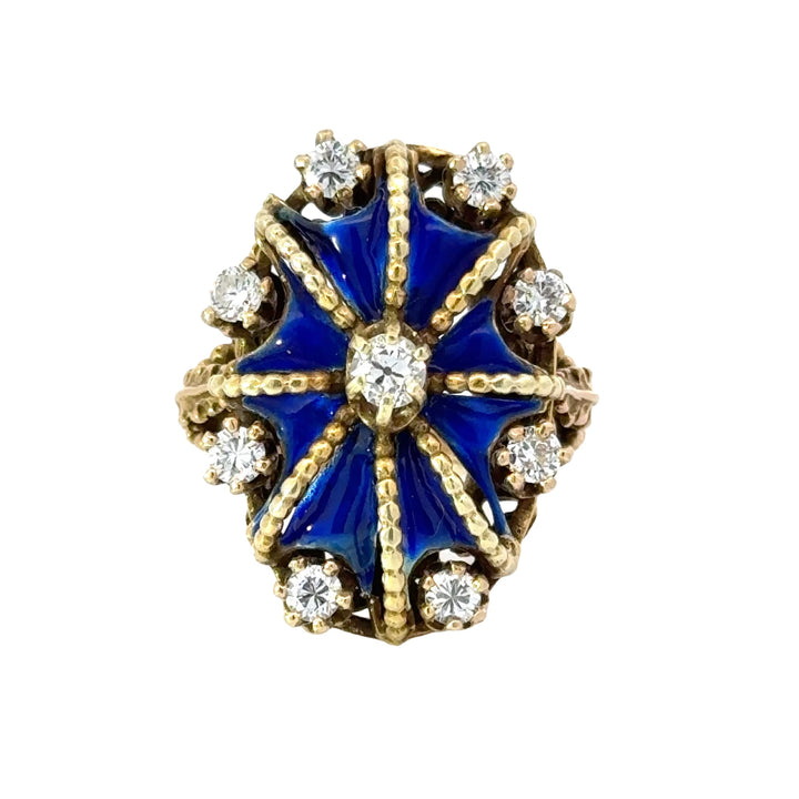Estate Blue Enamel Diamond 14K Yellow Gold Ring 15429