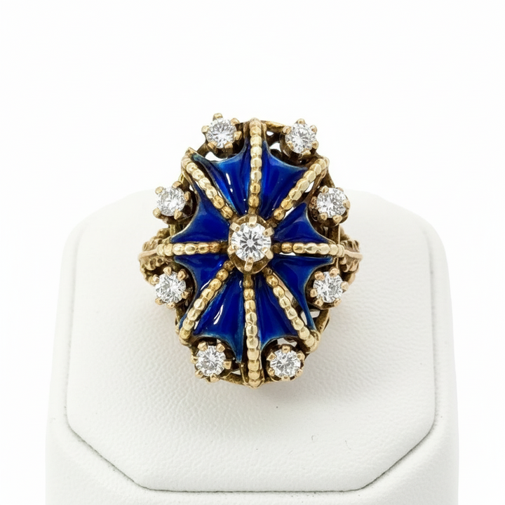 Estate Blue Enamel Diamond 14K Yellow Gold Ring 15429