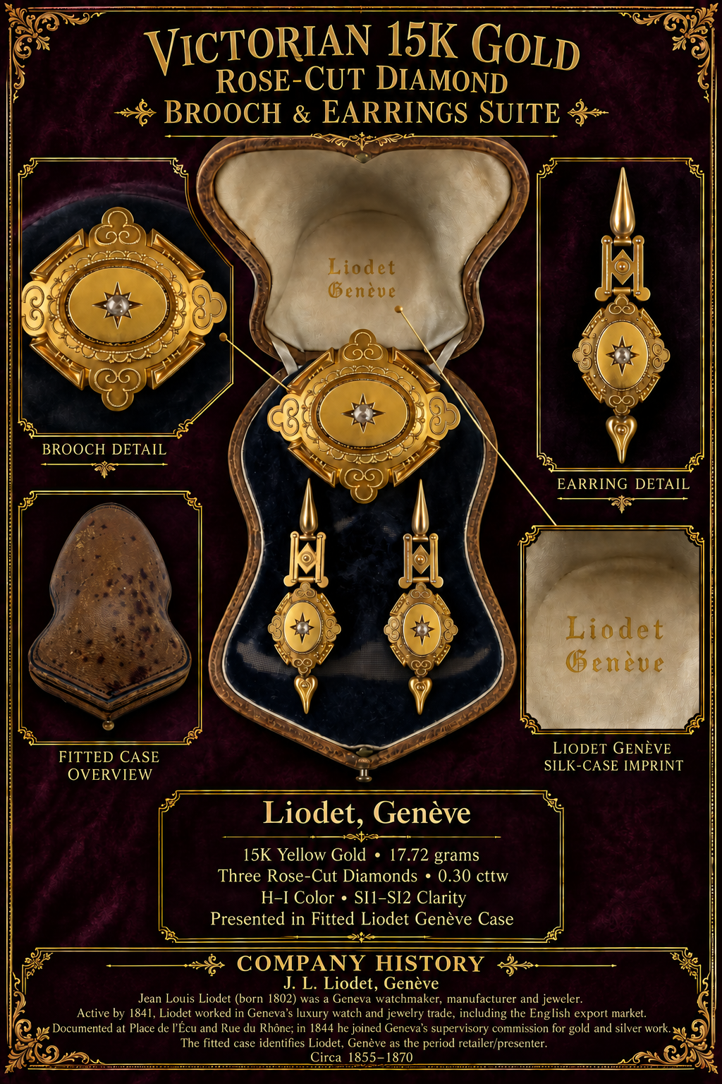 Victorian Estate Liodet-Geneva Switerland 15KT Yellow Gold & Rose Cut Diamond Earrings, Pendant & Brooch Locket. Original Fitted Box Circa 1855-1870