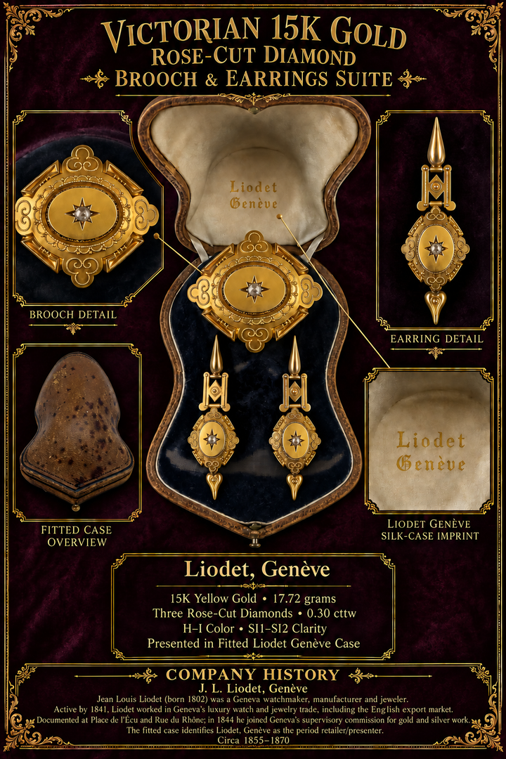 Victorian Estate Liodet-Geneva Switerland 15KT Yellow Gold & Rose Cut Diamond Earrings, Pendant & Brooch Locket. Original Fitted Box Circa 1855-1870