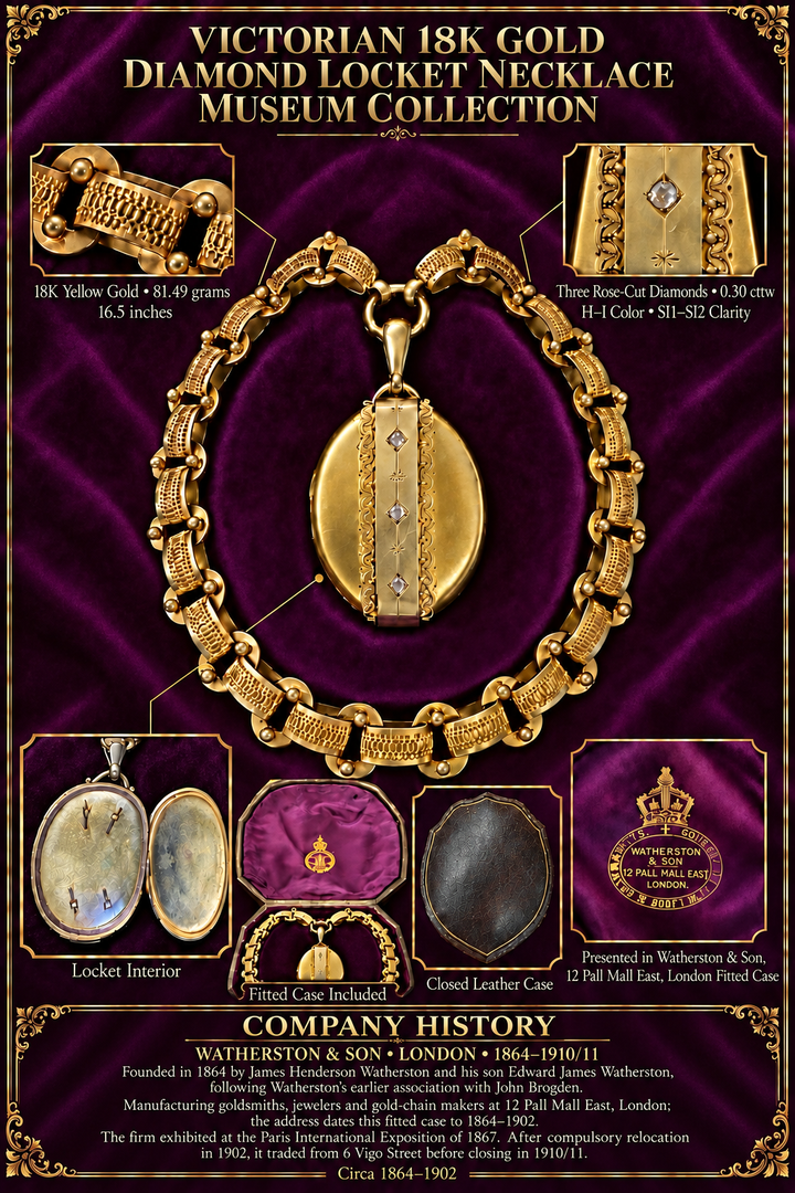 Victorian Estate By Watherston & Sons Of London Circa 1867 Rose Cut Diamonds and 18/21KT Yellow Gold Necklace & Locket In Original Box Circa 1867