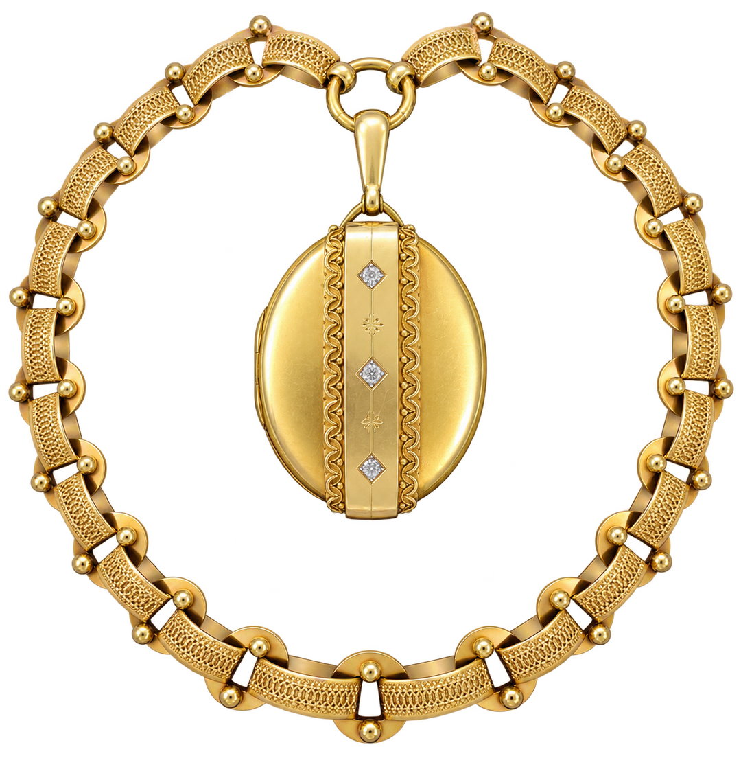 Victorian Estate By Watherston & Sons Of London Circa 1867 Rose Cut Diamonds and 18/21KT Yellow Gold Necklace & Locket In Original Box Circa 1867